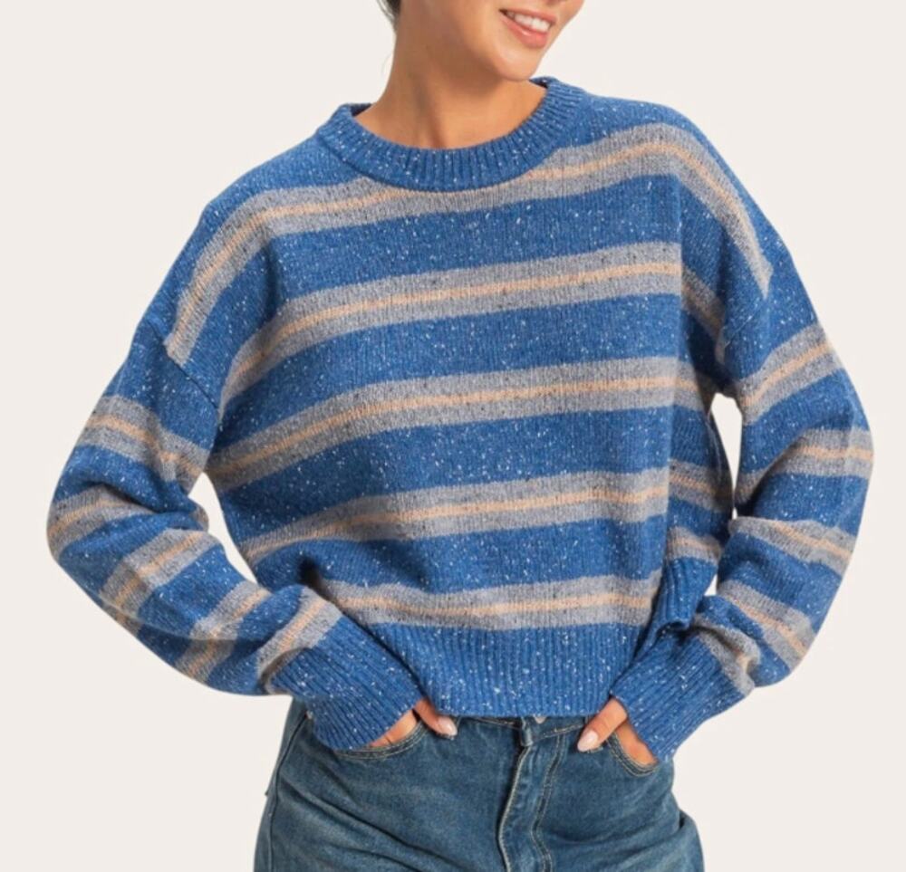 Spiritual Gangster Striped Long Sleeve Crew Neck Knit Pullover Sweater Blue S